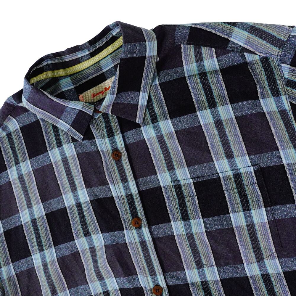Tommy Bahama Silk Striped Check Button Up Short Sleeve Shirt Men's Large